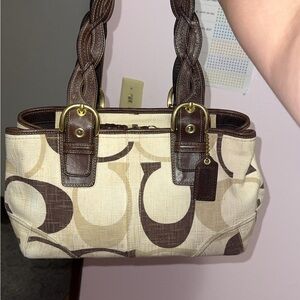 Coach Cream and Brown Signature Shoulder Bag